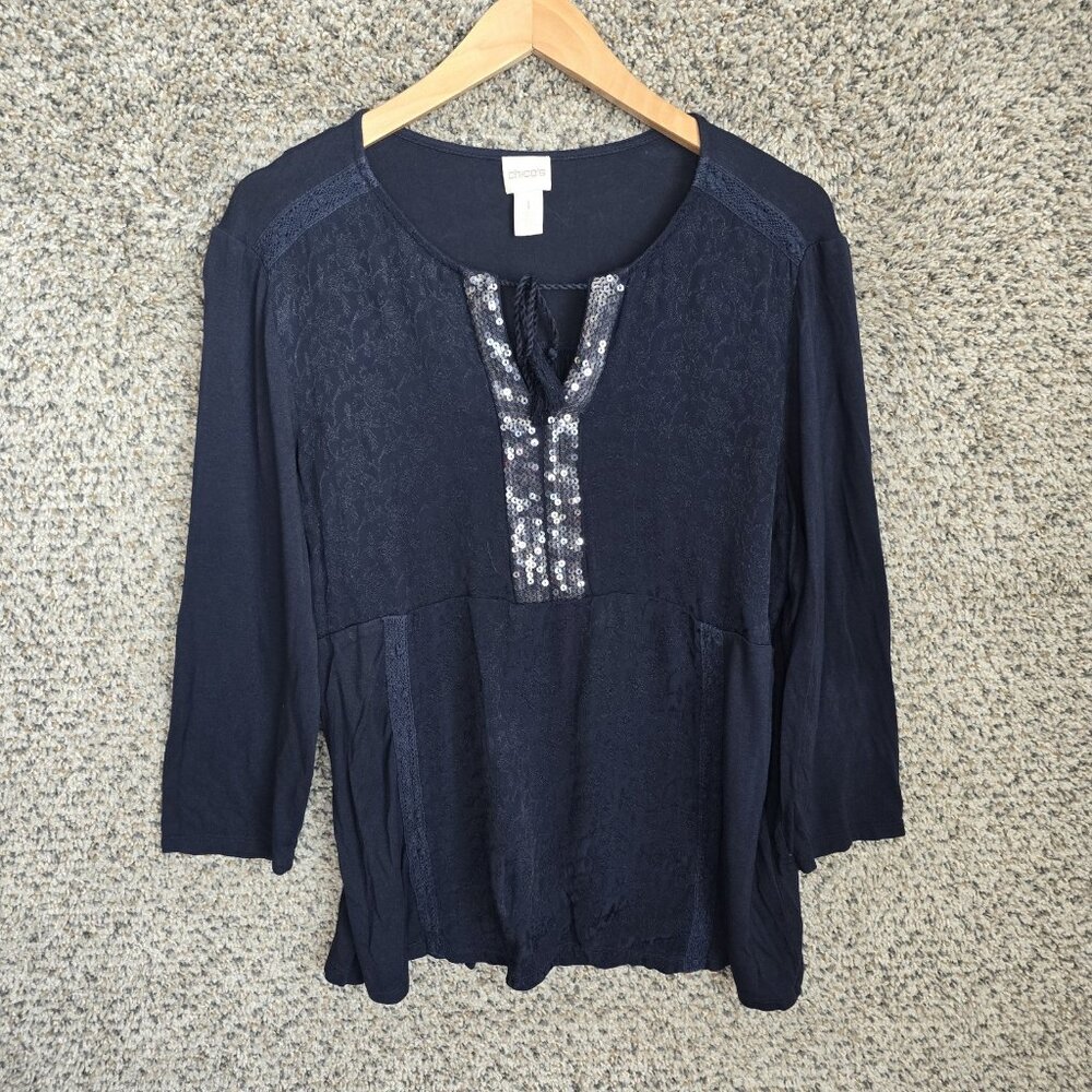 Chicos Top Womens 1 US Medium Navy Blue Sequined Neck Tie Casual Ladies